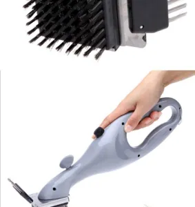 Stainless steel BBQ grill cleaning brush with wire bristles, scraper, and ergonomic handle.