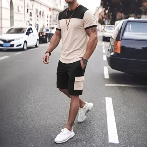 Tuta Casual da Uomo Patchwork a Contrasto Estiva Maglietta a Maniche Corte E Pantaloncini Cargo Parte Superiore E Inferiore Completo Sportivo
