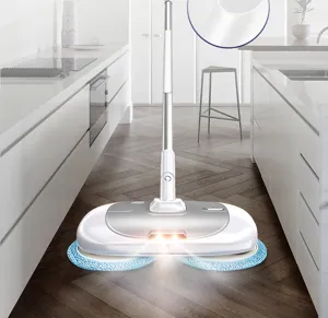 Wireless electric mop detail view showing dual spinning pads and LED lights for home cleaning.