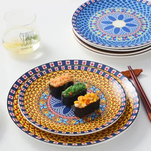 Retro böhmischer Keramikteller, kreatives blau-gelbes Geschirr für Steak, Pastateller.