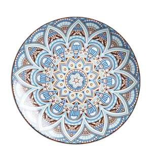 Retro boehmischer Keramik Essteller blaue Mandala Muster elegante flache Teller fuer Kueche Tisch