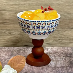 Copa de postre de ceramica bohemia francesa con base de madera caliz retro portavelas
