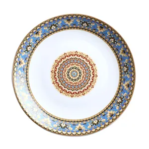 Vintage Keramik Speiseteller mit exquisitem blauem Gold Mandala Muster für edles Essen.