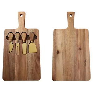 Juego de Tabla de Quesos de Madera de Acacia Con Cuchillos de Acero Inoxidable Tabla de Cortar Pan