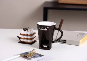 Keramik Schokoladenfondue Tasse Set mit Teelichthalter Waermer und kleiner Gabel