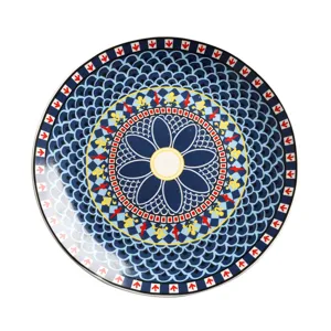 Retro Keramik Speiseteller mit exquisiten blauen und gelben geometrischen Blumenmustern.