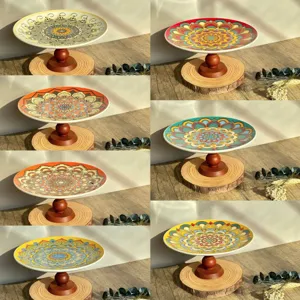 Bohemian Style Ceramic High Footed Fruit Plate Retro Mandala Geometric Pattern Dessert Tray Decorative Tableware