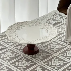 French vintage ceramic dessert cake stand with wooden base elegant tabletop display plate
