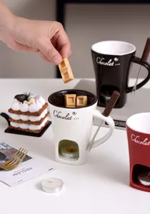 Keramik Schokoladenfondue Tasse Set mit Teelicht Kerze und Gabel fuer Dessert Schmelzen.