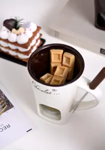 Keramik Schokolade Fondue Tasse Schmelztopf mit Kerzenwärmer Basis und Gabel.