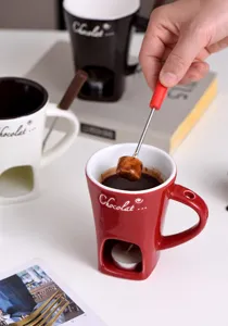 Keramik Schokoladen Fondue Tasse mit Gabel und Kerzenwärmer zum Schmelzen von Käse und Desserts.