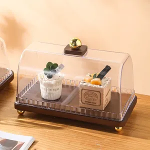 Vintage Wood Cake Stand With Transparent Acrylic Dust Cover European Dessert Display Tray Fruit Plate For Wedding Party Home Decor Table Ornament