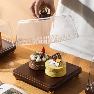 Retro wooden cake stand with clear cover, elegant dessert display tray for parties and weddings.