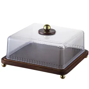 Wooden cake stand with clear dome cover, retro pastry display tray for weddings and parties.