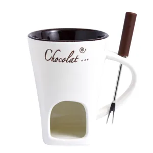 Keramik Schokolade Fondue Tasse mit Schmelzgabel und Kerzenhalter fur Kase und Milchwarmen.
