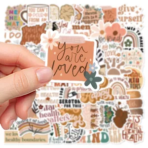 High detail view of boho mental health sticker featuring uplifting quotes and cute floral art.