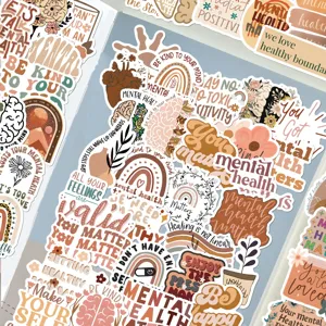 Detailed view of bohemian mental health waterproof stickers for laptop, guitar and luggage DIY.