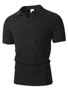Herren Sommer Kurzarm Gerippt Strick Polo Shirt Freizeit V-Ausschnitt Einfarbig Oberteil