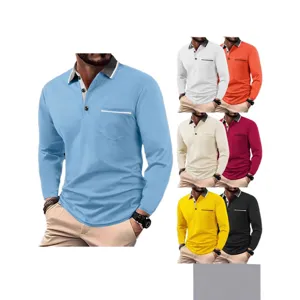 Camisa Polo de Manga Larga Casual para Hombre Negocios Golf Deporte Solapa Transpirable Top con Bolsillo y Bloque de Color