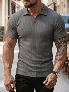 Herren graues geripptes Kurzarm Polo-Shirt Sommer Freizeit Revers schmale Passform Top