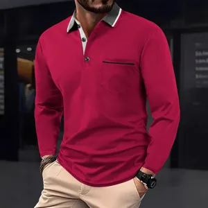 Camisa polo hombre manga larga cuello contraste casual slim fit golf top moda.