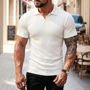 Herren Lässiges Kurzarm Polo Shirt Sommer Slim Fit Gestreiftes Revers Top Atmungsaktive Business Freizeitbekleidung