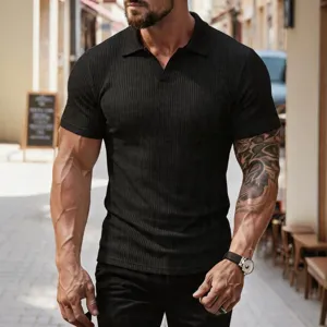 Herren Schwarzes Geripptes Strick Polo Shirt Sommer Lässiges Kurzarm V-Ausschnitt Top