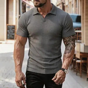 Herren Geripptes Strick Polo Shirt Sommer Kurzarm Reverskragen Slim Fit Freizeittop