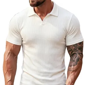Herren Kurzarm Rippstrick Polohemd mit Reverskragen und V-Ausschnitt für lässige Sommeroutfits.