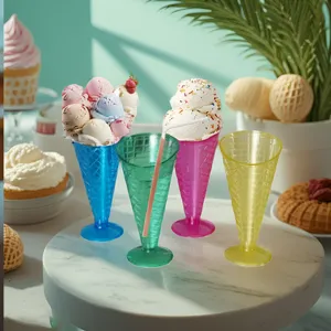 Colorful plastic ice cream cups waffle cone dessert bowls set of four details