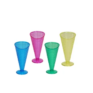 Colorful plastic ice cream cone cups set, perfect for dessert shops, puddings, and mousses.