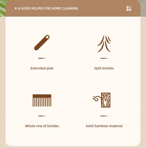 Solid bamboo broom detail infographic featuring extended pole and split bristles design.