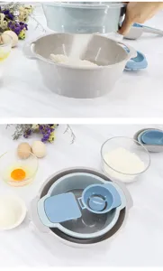 Handheld semi-automatic flour sifter set for home kitchen baking, nesting bowl and strainer.
