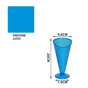 Blue plastic ice cream cup detail view showing 20cm height and 9.6cm diameter dimensions.