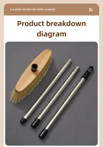 Wooden push broom floor cleaning brush set with long stainless steel handle for home use.