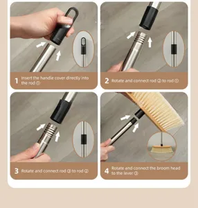Durable wooden broom with stainless steel long handle and soft bristles for easy floor cleaning.