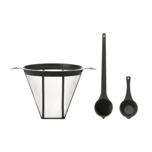 Reusable coffee filter and scoop set for drip coffee maker, cone mesh funnel filter tool.