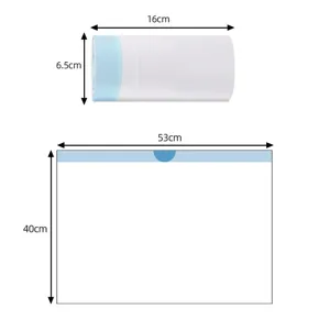 Illustrazione dettagliata delle dimensioni con il rotolo da 16x6,5cm e la borsa aperta da 53x40cm.