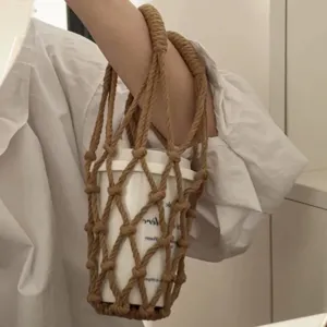 Hand-woven jute rope cup sleeve portable net pocket for coffee milk tea cups reusable holder.