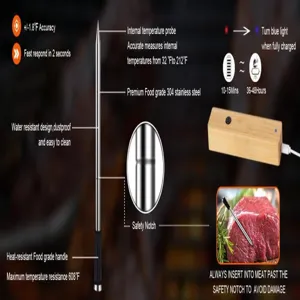 Wireless smart meat thermometer probe detail showing food-grade 304 stainless steel and safety notch.