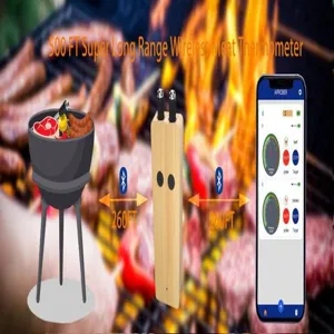 Wireless meat thermometer detail showing 500ft long range connection with dual probes and app control.