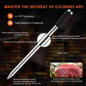 Wireless meat thermometer probe detail showing 304 stainless steel and heat-resistant handle.