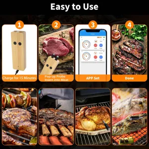 Wireless Bluetooth meat thermometer with bamboo charging base for smart BBQ and kitchen cooking.