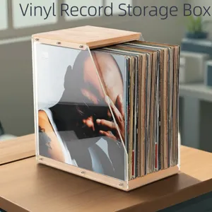 Boîte de rangement pour vinyles en bois avec façade en acrylique transparent, organisateur de bureau.