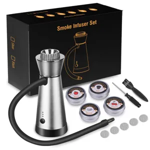 Detail view of portable cocktail smoke infuser kit with wood chips, filters, and accessories.