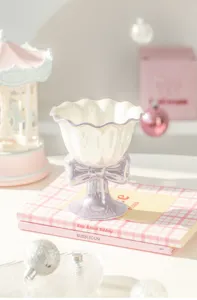 Ceramic ice cream dessert cup with bow fluted rim pastel purple goblet for home snack