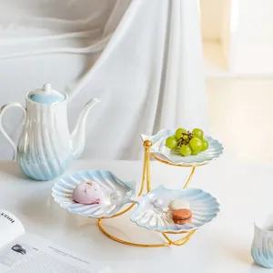 Soporte de postre de 3 niveles con concha de perla europea plato de fruta para pastel de té