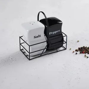 Set de salière et poivrière en céramique avec support en métal noir pour la cuisine.