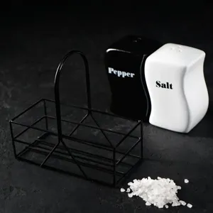 Set de salière et poivrière en céramique avec support en métal noir pour la table.