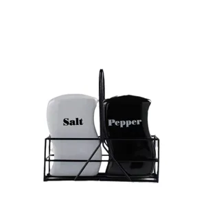 Ensemble de saupoudreuses sel et poivre en céramique avec support métal noir cuisine.